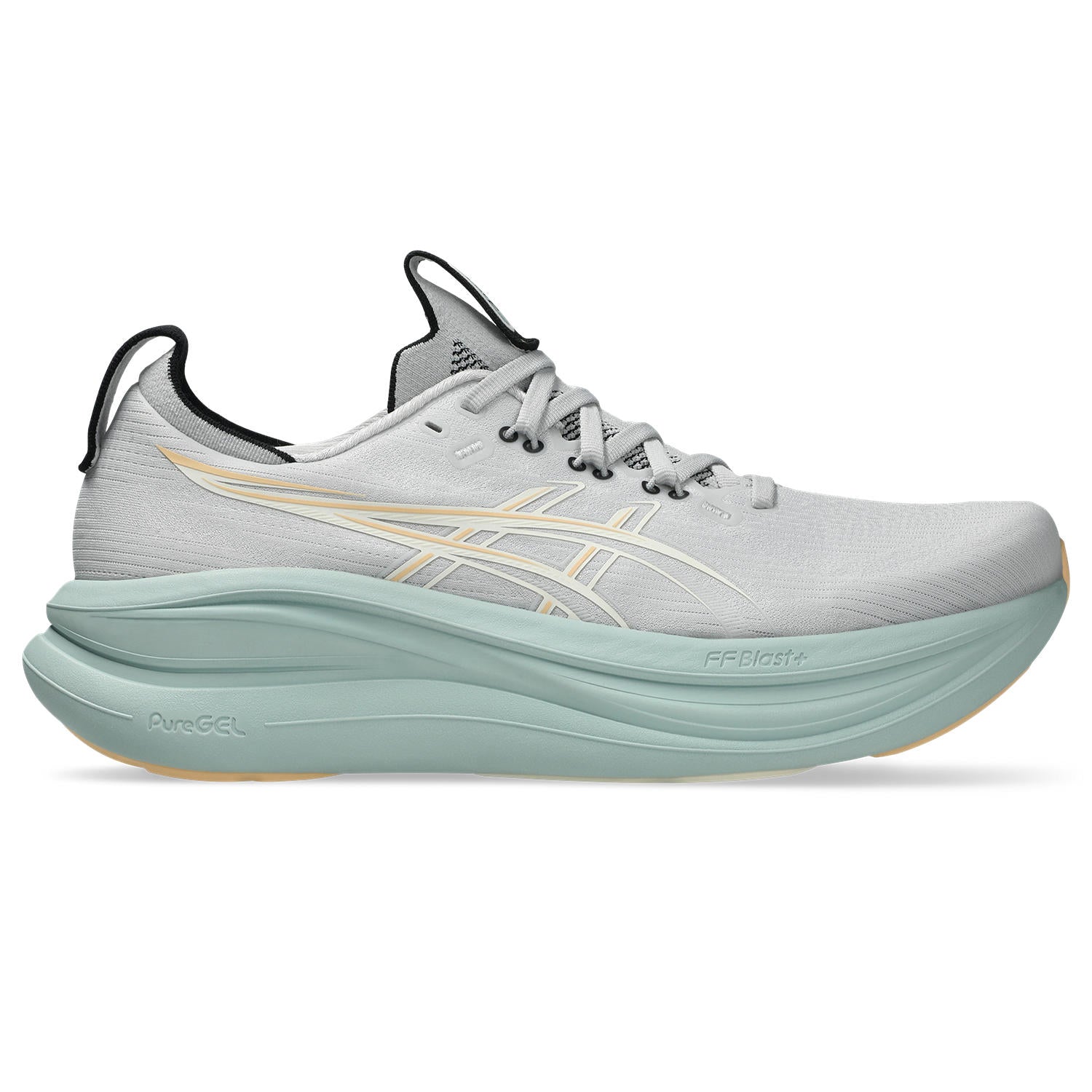 Gray running shoe with a light green sole on a white background