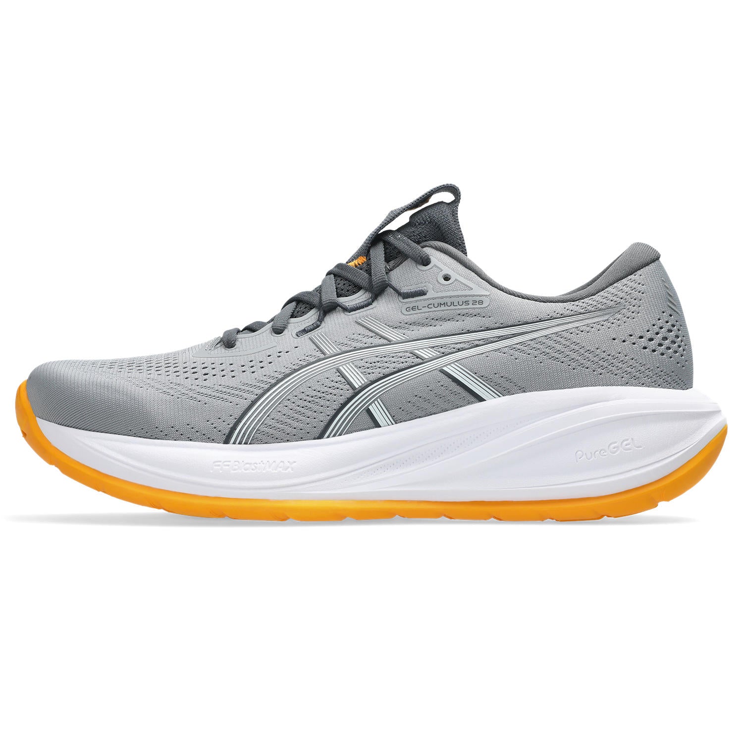 Gray running shoe with orange sole on a white background