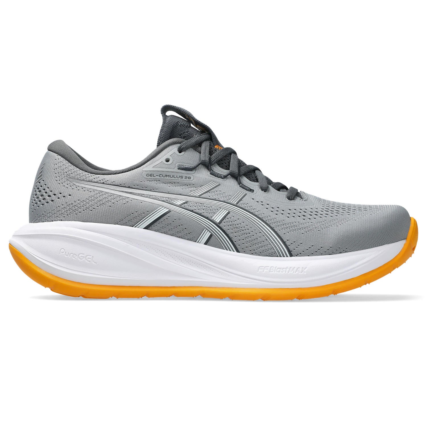 Gray running shoe with white sole and orange heel on a white background