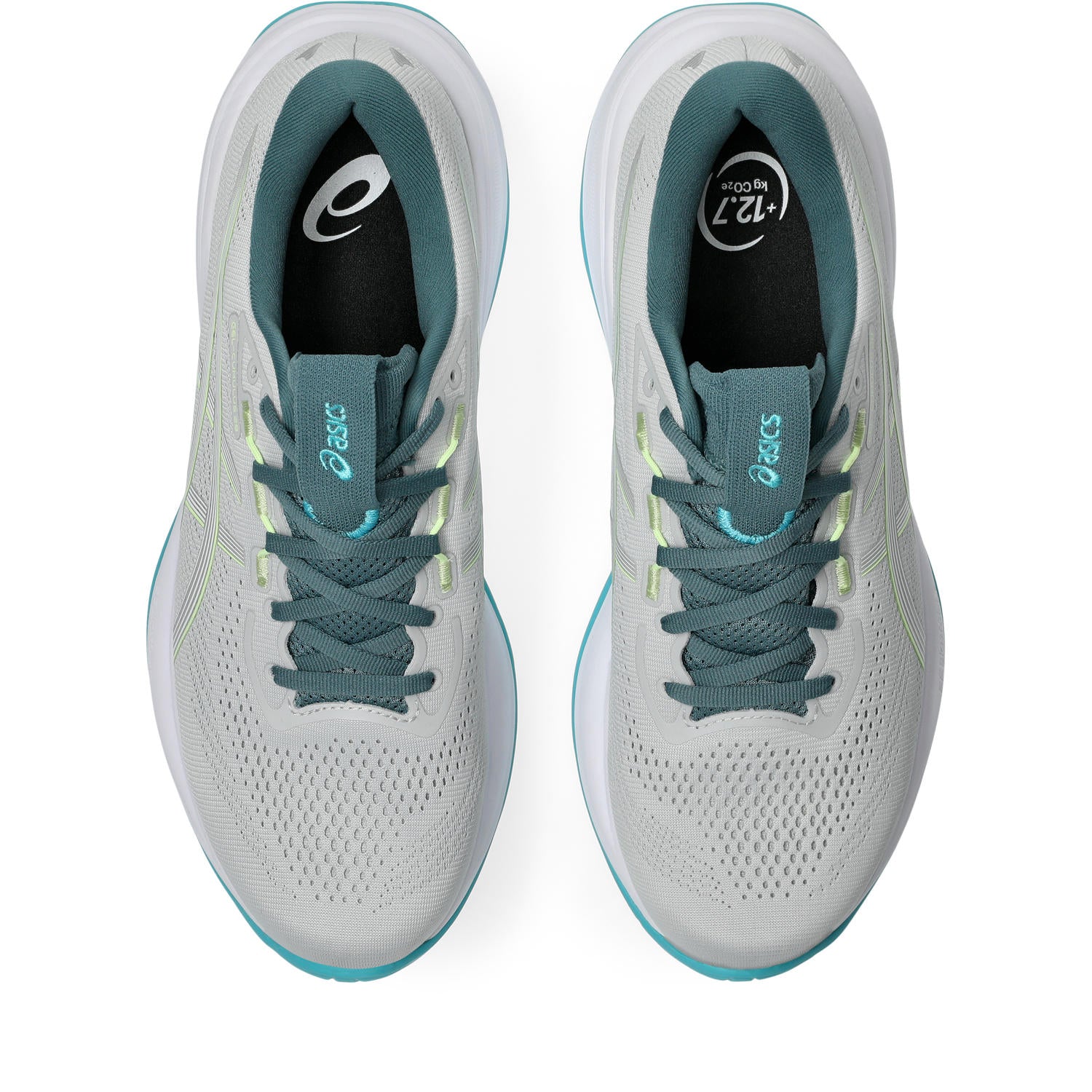 A pair of ASICS running shoes shown from a top-down view. The shoes feature a light gray and white mesh upper with teal laces, teal collar lining, and a light blue outsole edge.