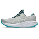 Gray running shoe with teal accents on a white background
