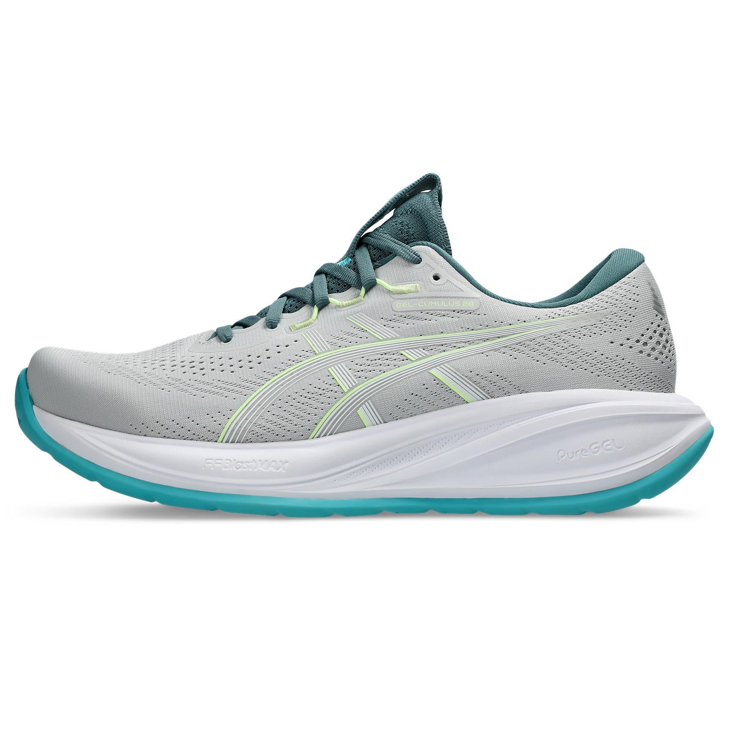 Gray running shoe with teal accents on a white background