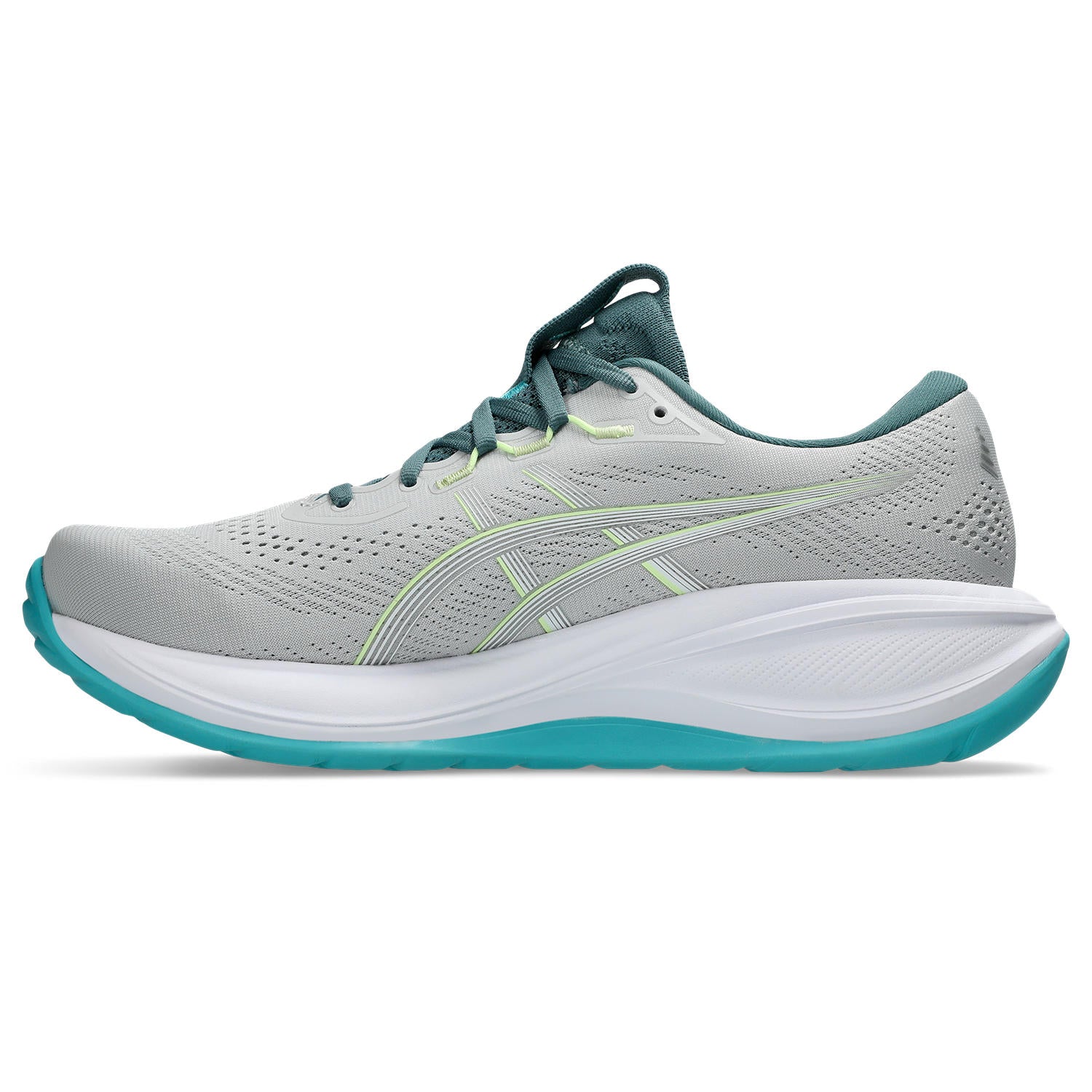 Gray running shoe with green accents on a white background