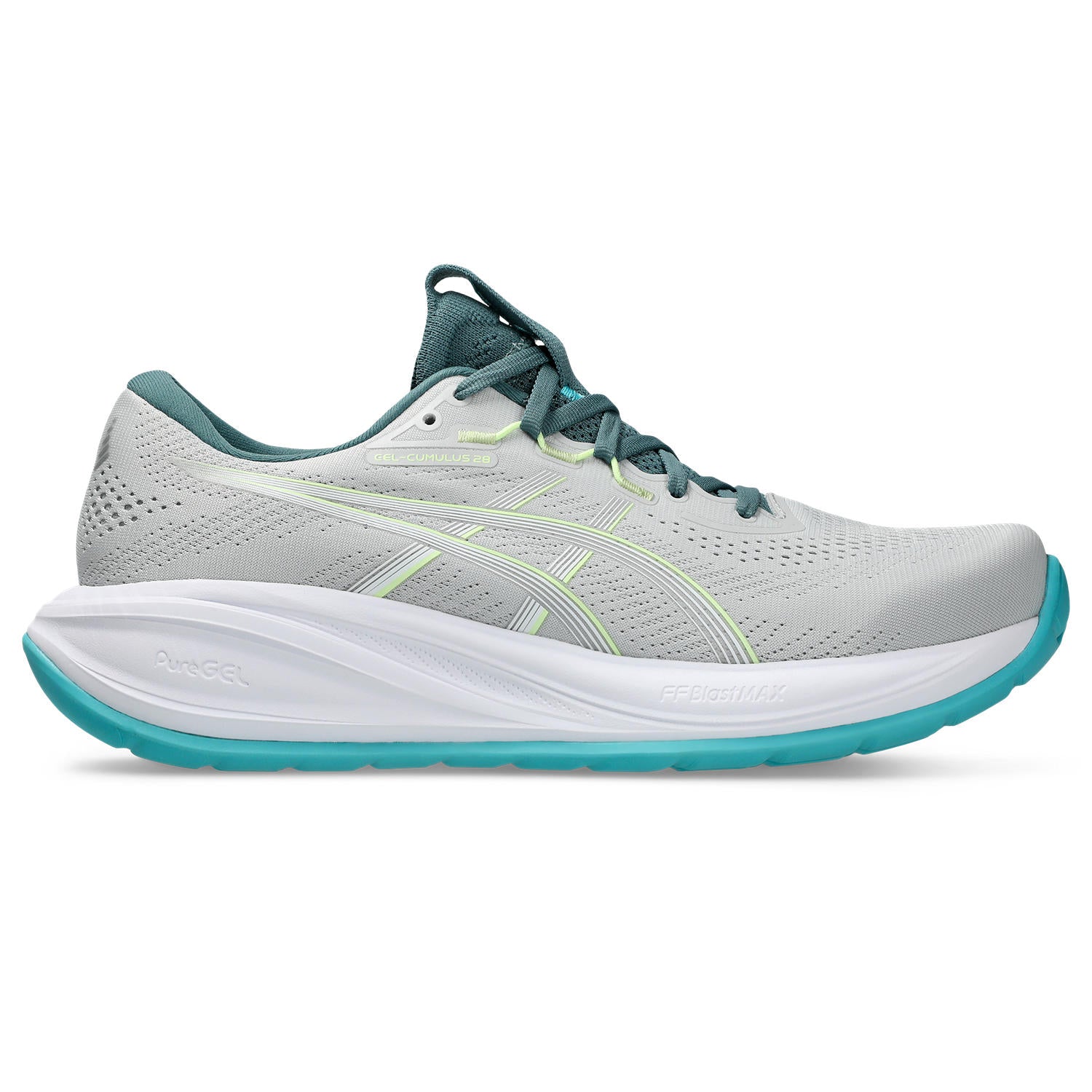 Gray running shoe with teal accents on a white background