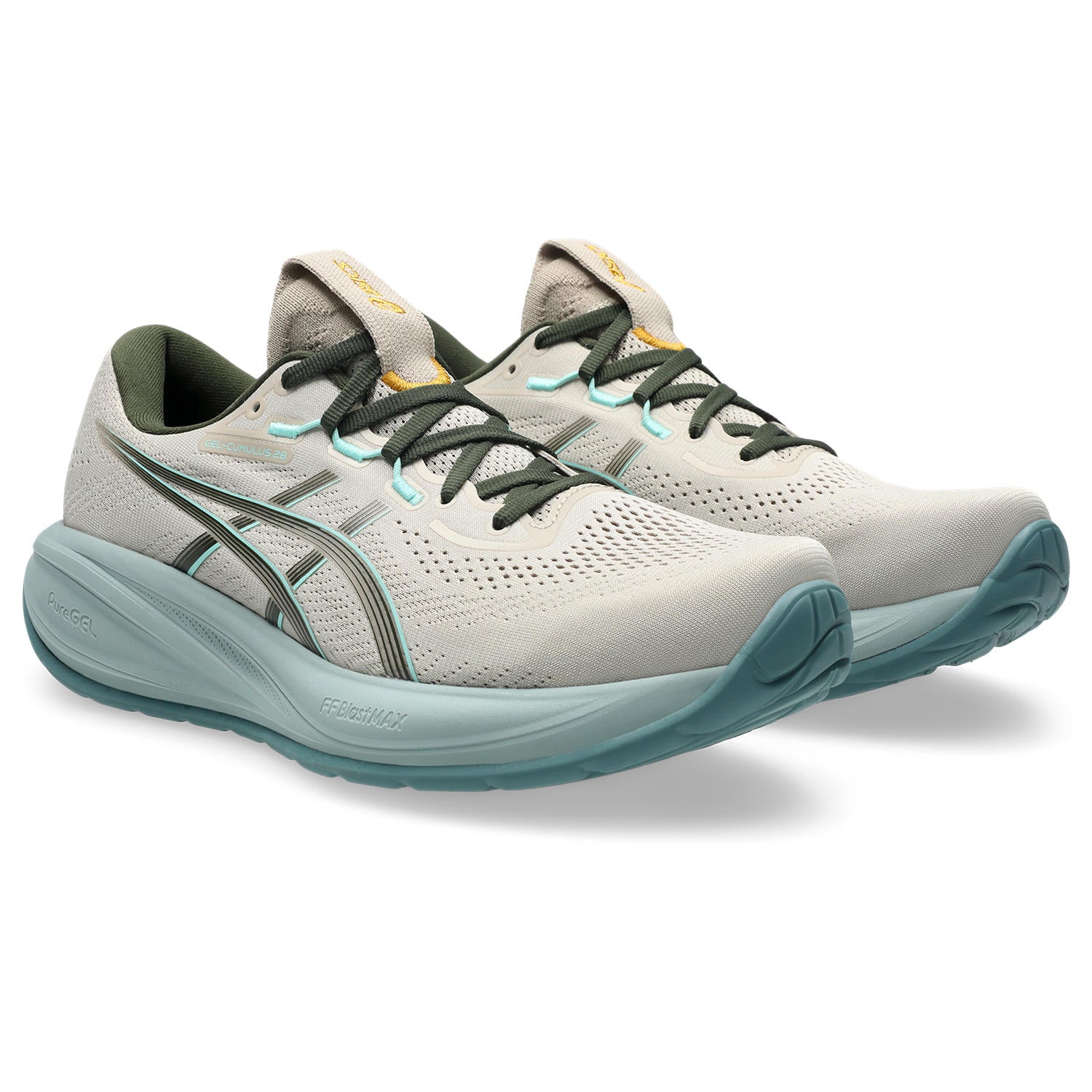 Pair of running shoes with a white and gray color scheme on a white background