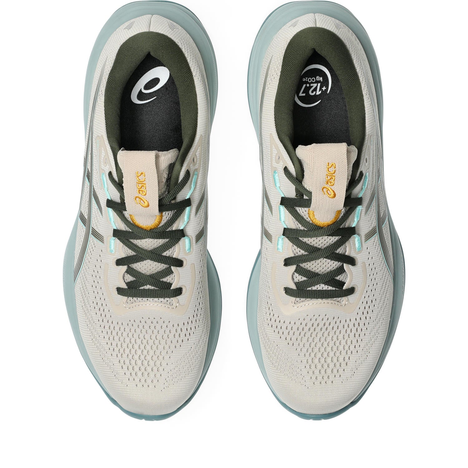 A pair of Asics running shoes shown from a top-down view, featuring a light gray and white mesh upper with dark gray laces, a light blue sole, and gold logo details.