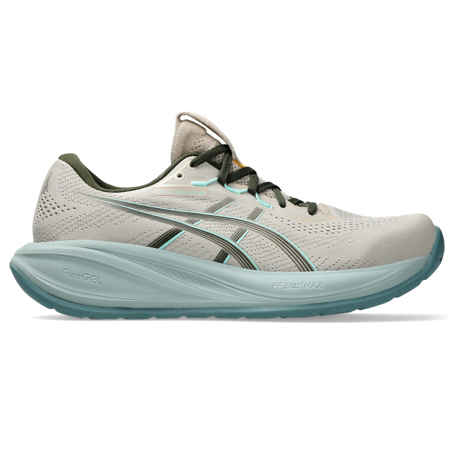 Gray running shoe with green sole on a white background