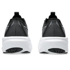 Black and white athletic sneakers shown from the rear, featuring a black mesh upper, white sole, and black outsole with visible pure&GEL branding.