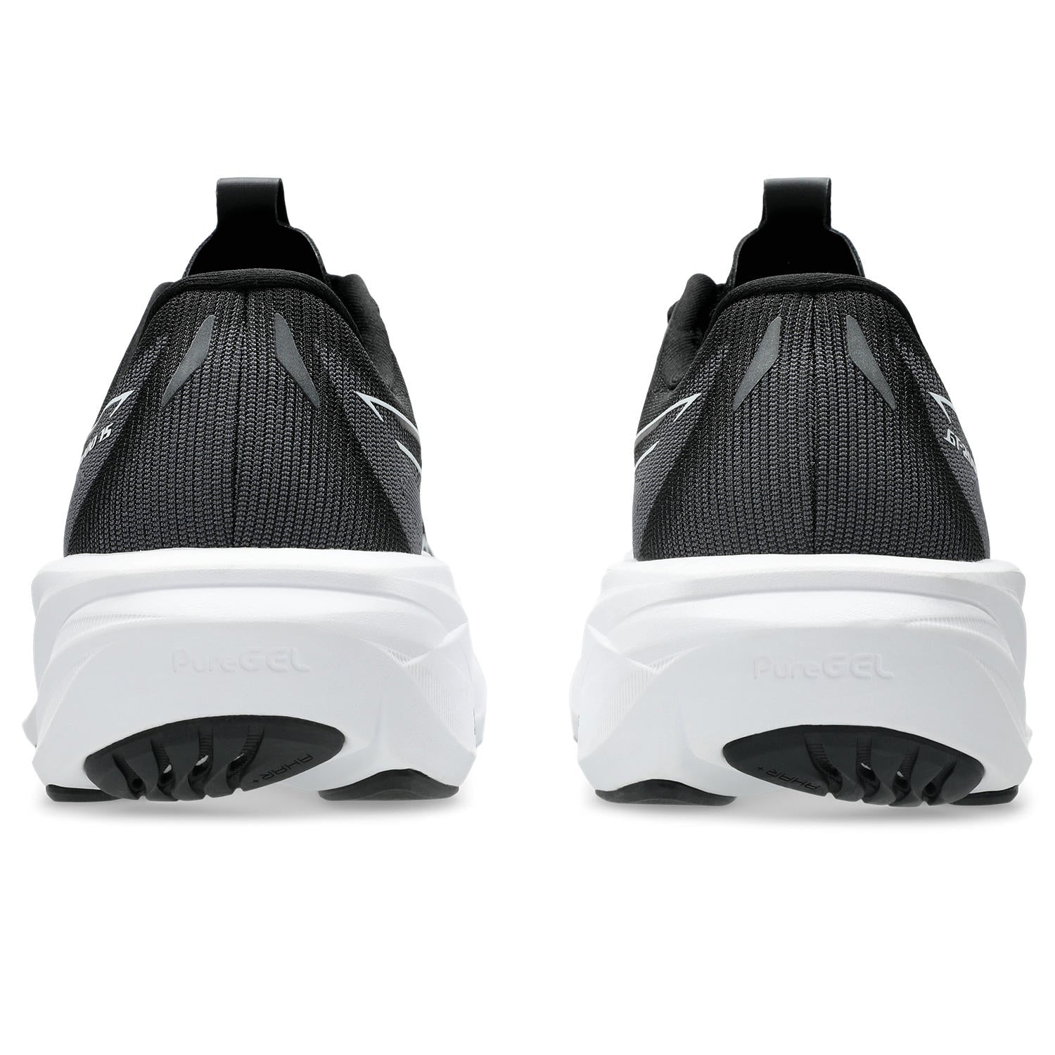 Black and white athletic sneakers shown from the rear, featuring a black mesh upper, white sole, and black outsole with visible pure&GEL branding.