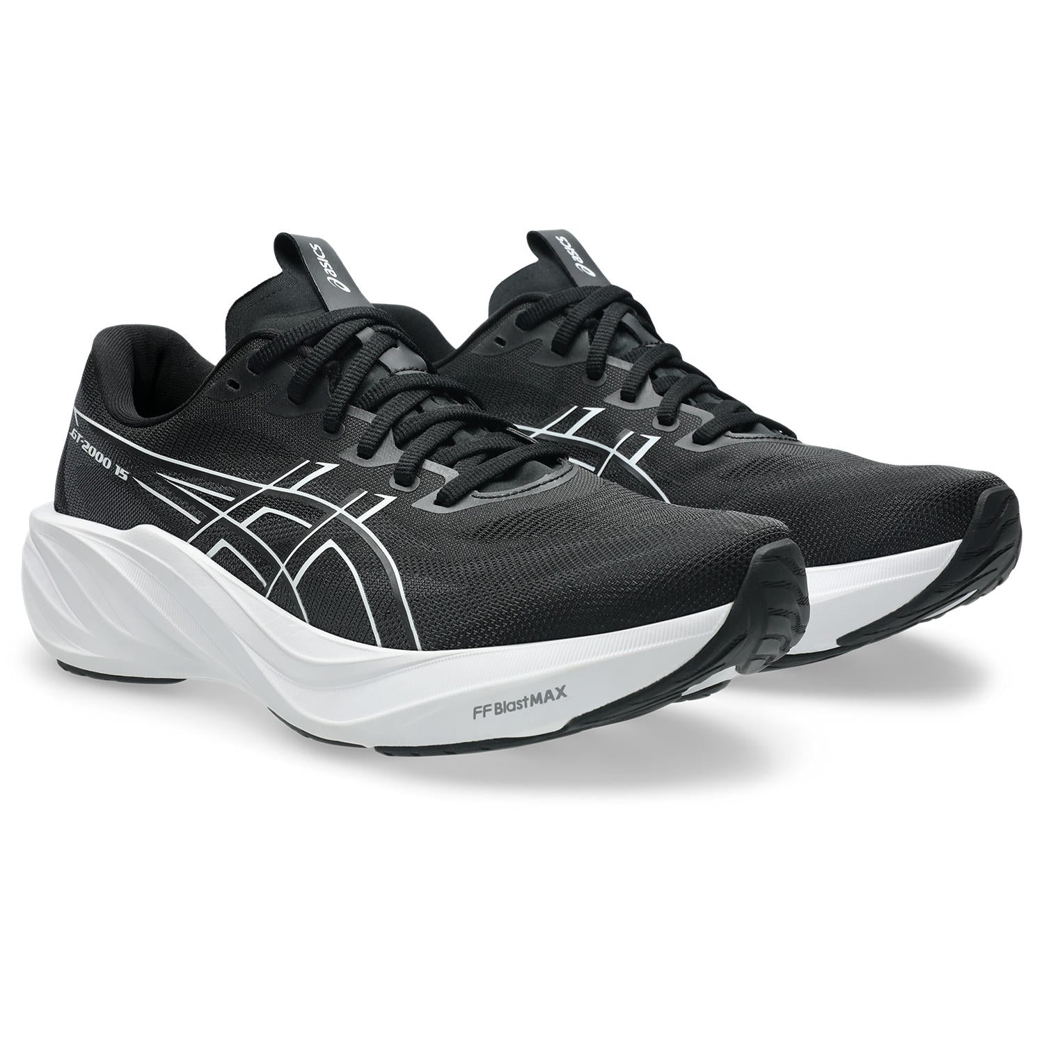 Black running shoes with green accents on a white background
