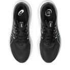 A pair of black and white ASICS running shoes shown from a top-down view on a plain white background.