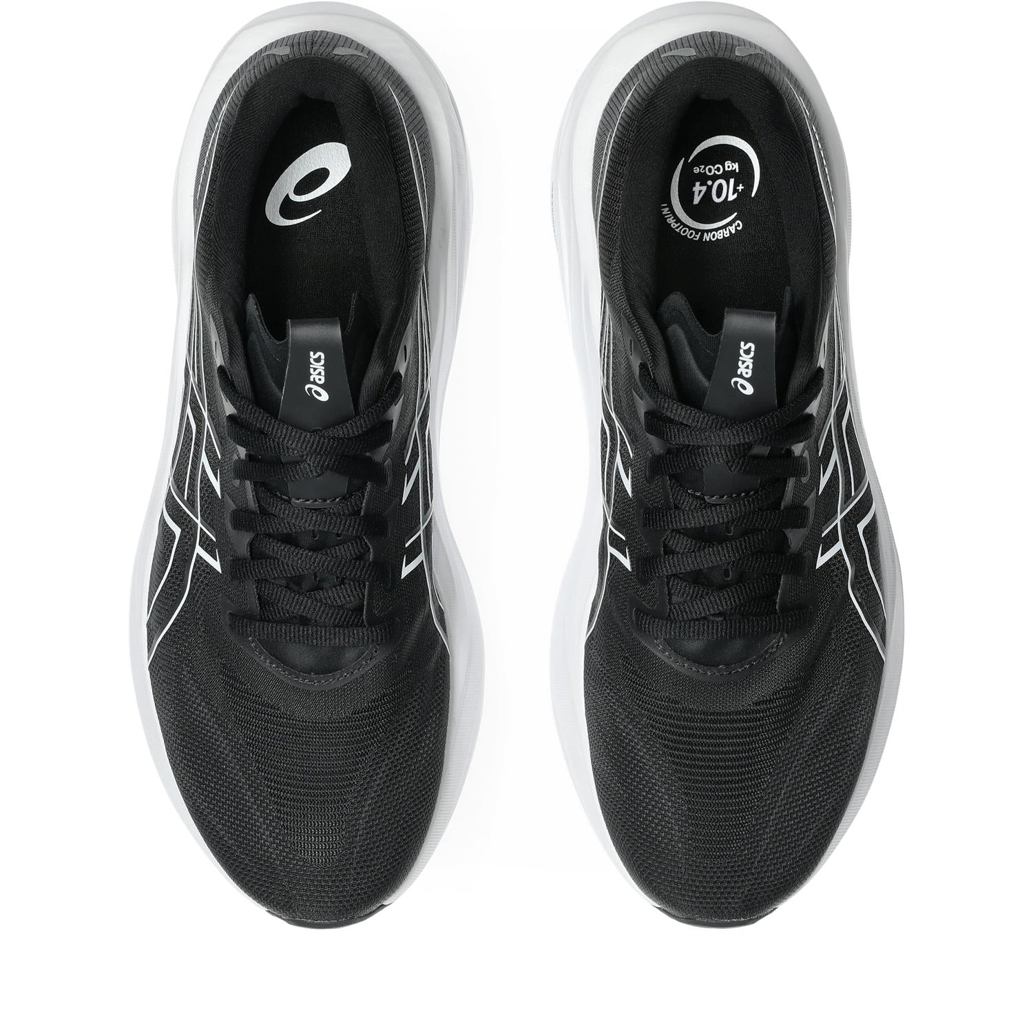 A pair of black and white ASICS running shoes shown from a top-down view on a plain white background.