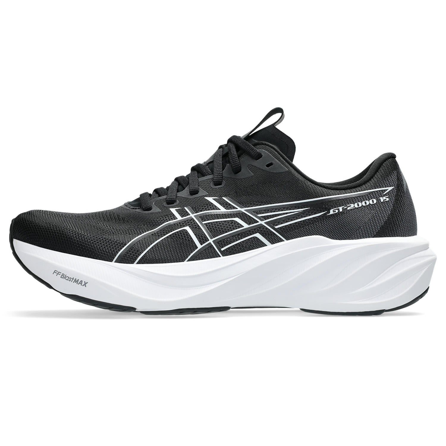 A black and white ASICS GT-2000 5 running shoe shown from the side against a plain white background.