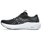 Black running shoe with white sole on a white background