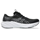 Black running shoe with white sole on a white background