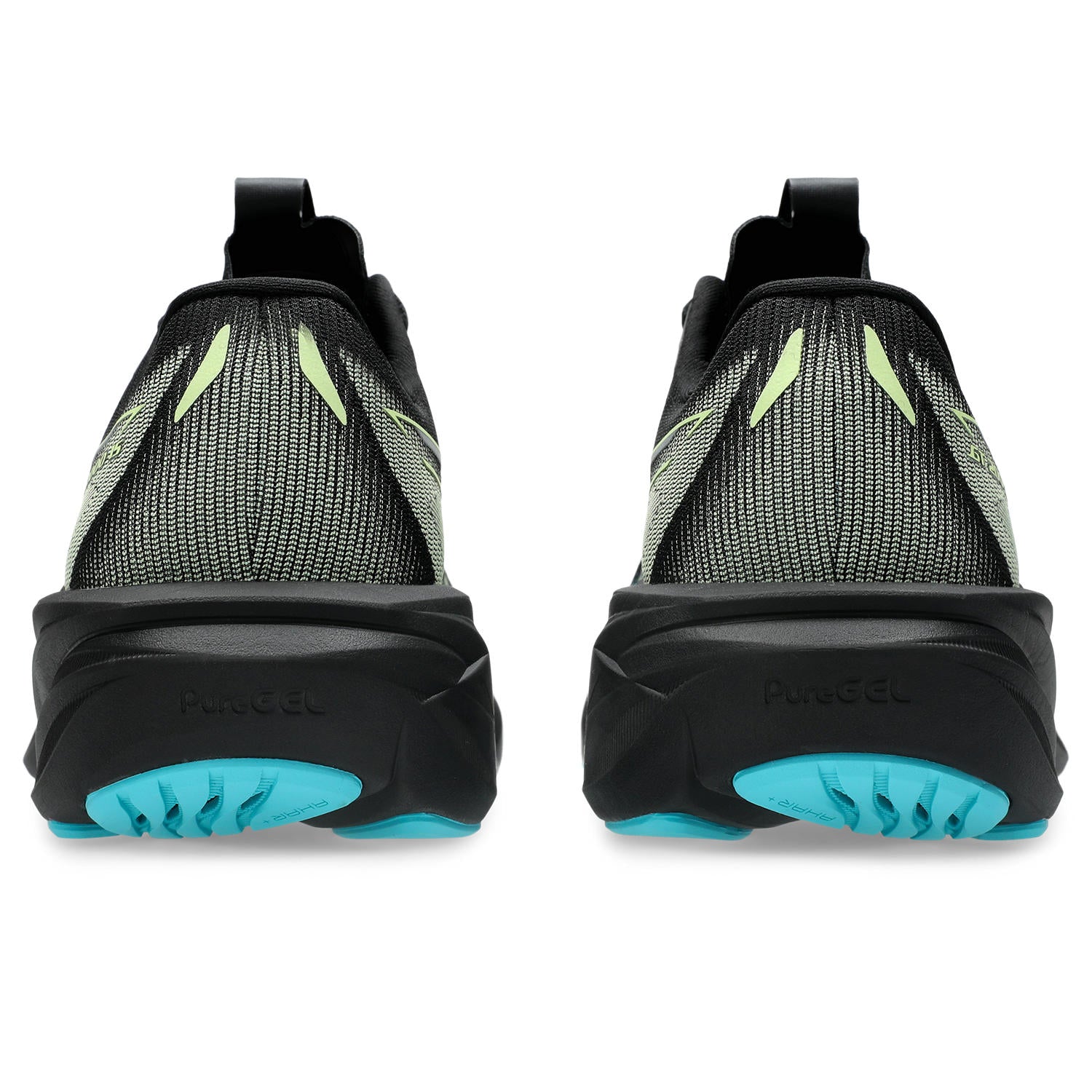 A pair of black and gray mesh athletic sneakers shown from the back, featuring lime green accents on the upper and bright turquoise outsoles, on a white background.