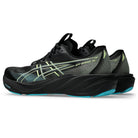 Black and gray Asics running shoes on a white background