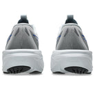 A pair of gray and white athletic sneakers shown from the rear, featuring a gray mesh upper, white thick cushioned midsoles with 'PureGEL' branding, and black outsoles.