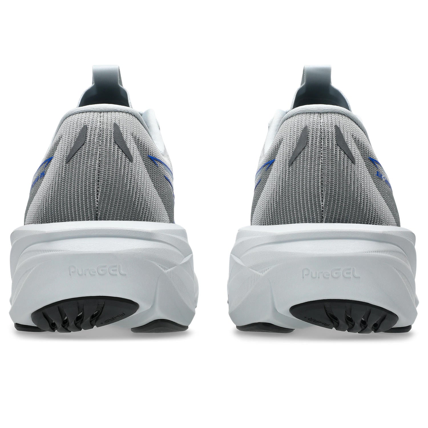 A pair of gray and white athletic sneakers shown from the rear, featuring a gray mesh upper, white thick cushioned midsoles with 'PureGEL' branding, and black outsoles.