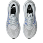 A pair of Asics running shoes in light gray and white with blue stripes, shown from a top-down view on a white background.