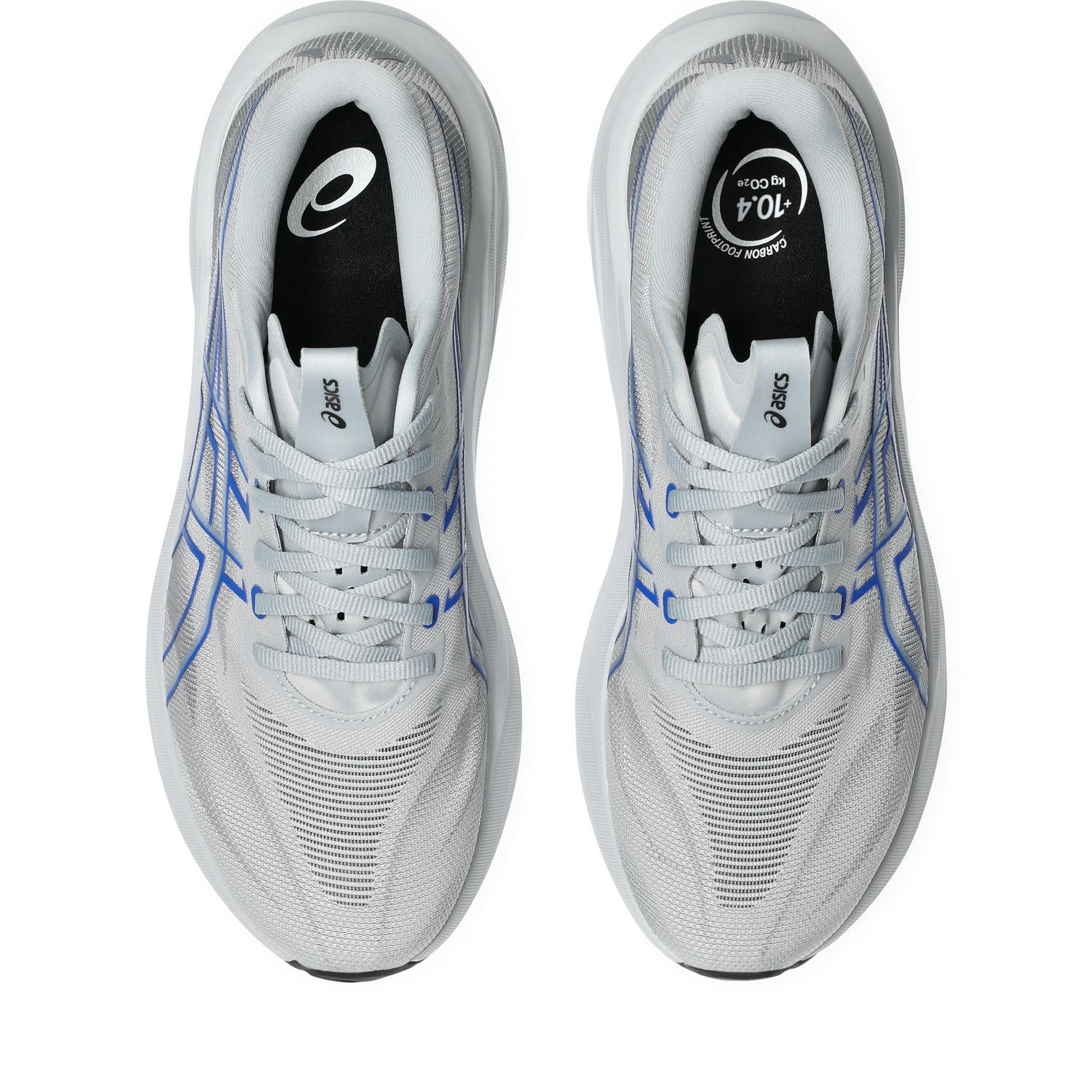 A pair of Asics running shoes in light gray and white with blue stripes, shown from a top-down view on a white background.