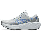 A light gray and white ASICS running shoe with blue logo accents, shown in a side profile on a white background.