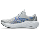A light gray and white running shoe with blue ASICS stripes and a thick white cushioned sole, shown from the side on a white background.