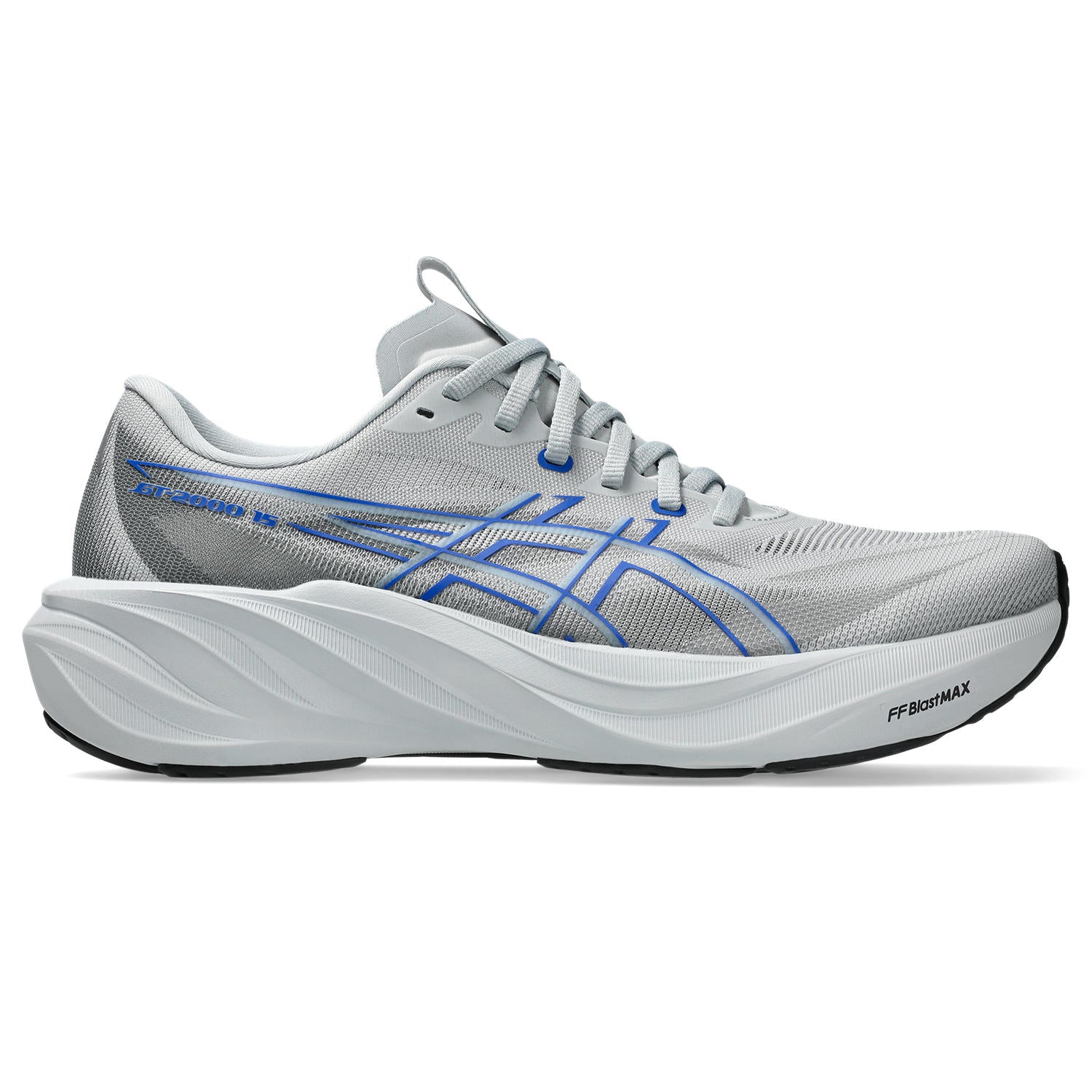 Gray running shoe with blue accents on a white background