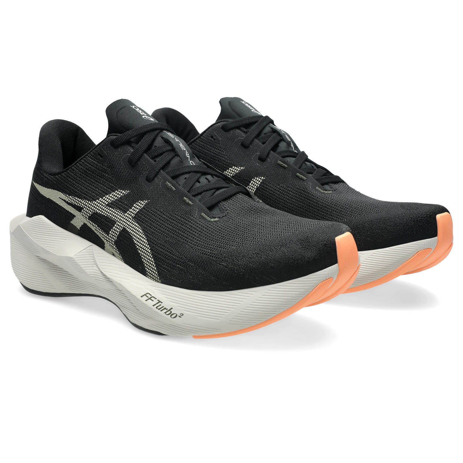 Black running shoes with orange accents on a white background