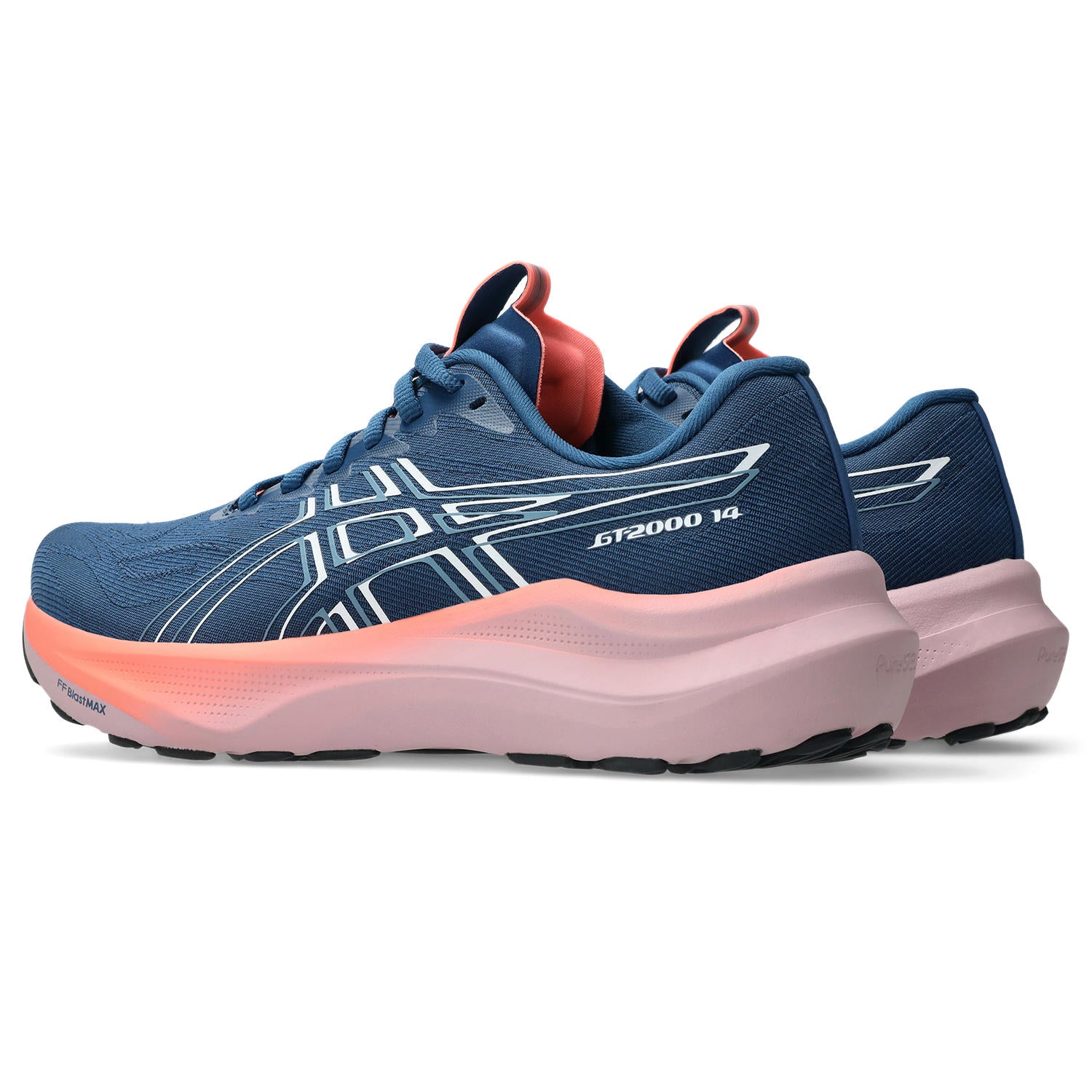 Blue and pink running shoe with visible brand logo on a white background