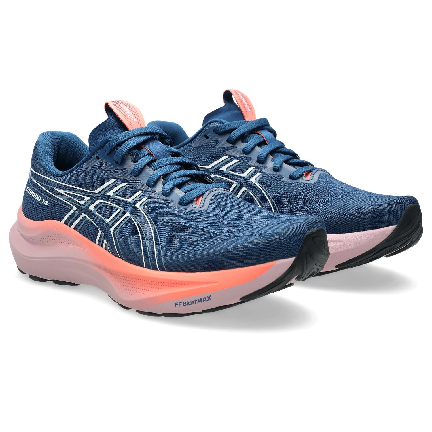 Blue and pink running shoes on a white background