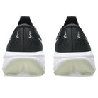 Black running shoes with white soles on a white background