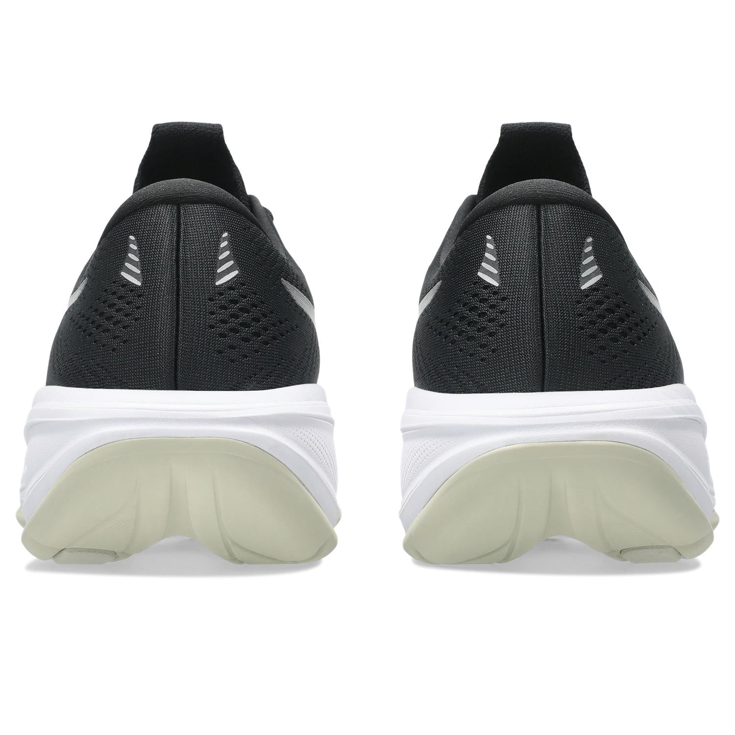 Black running shoes with white soles on a white background