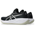 Black running shoe with white sole on a white background