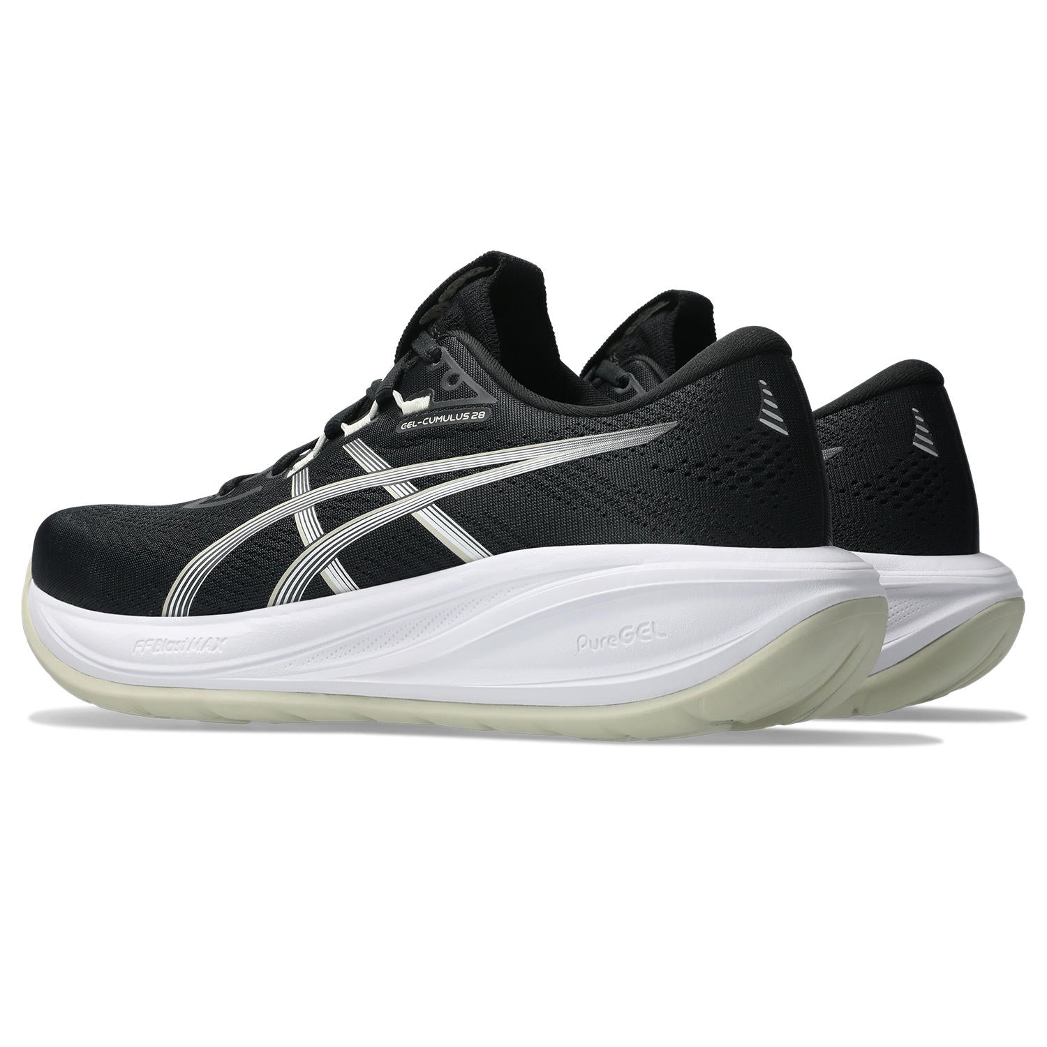 Black running shoe with white sole on a white background