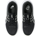 Black running shoes with white accents on a white background