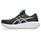 black running shoe with white sole on a white background