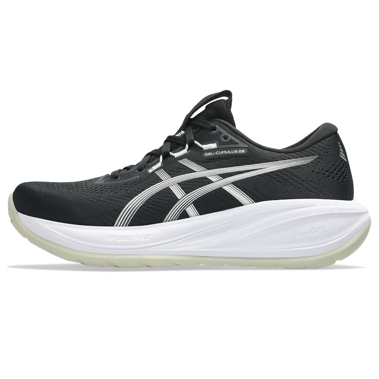 black running shoe with white sole on a white background