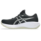 Black running shoe with white sole on a white background