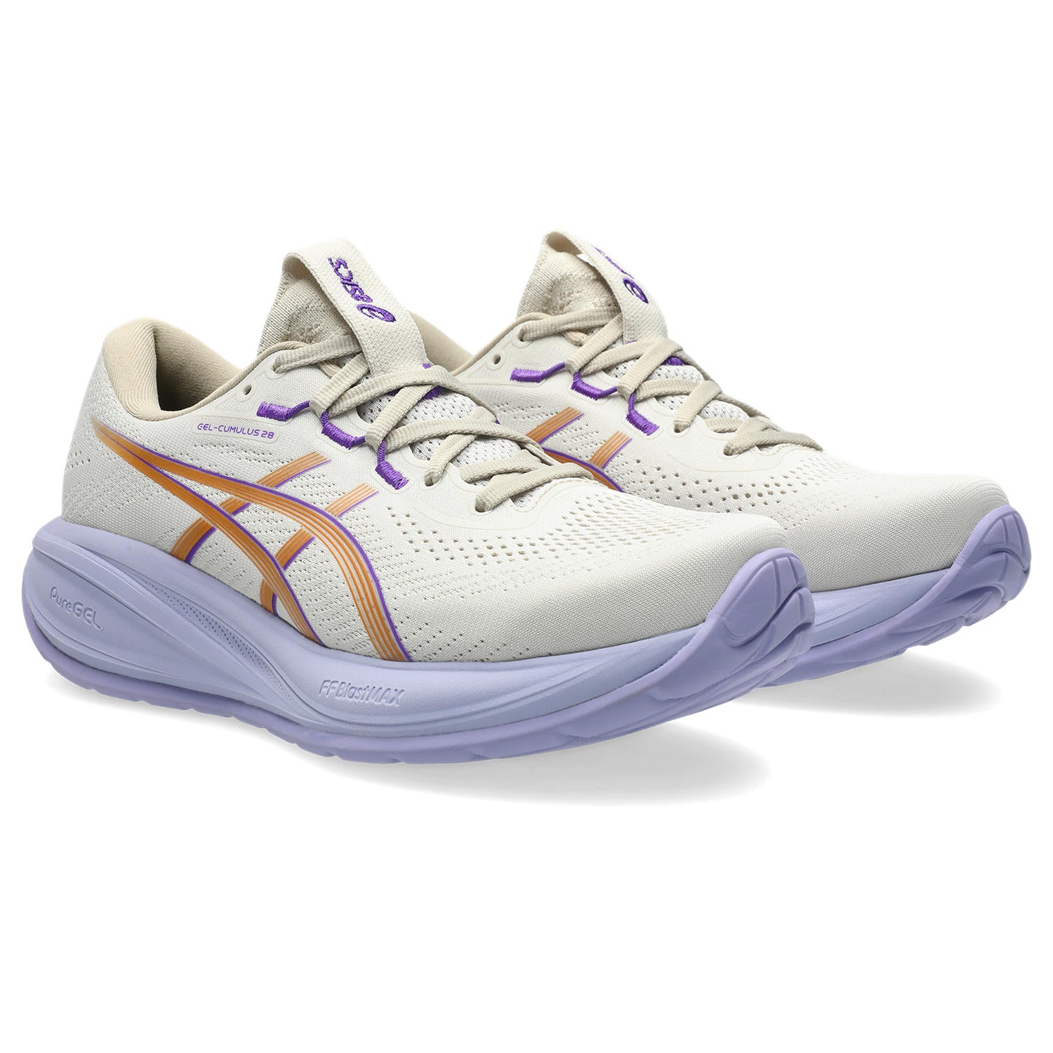White running shoe with purple sole on a white background