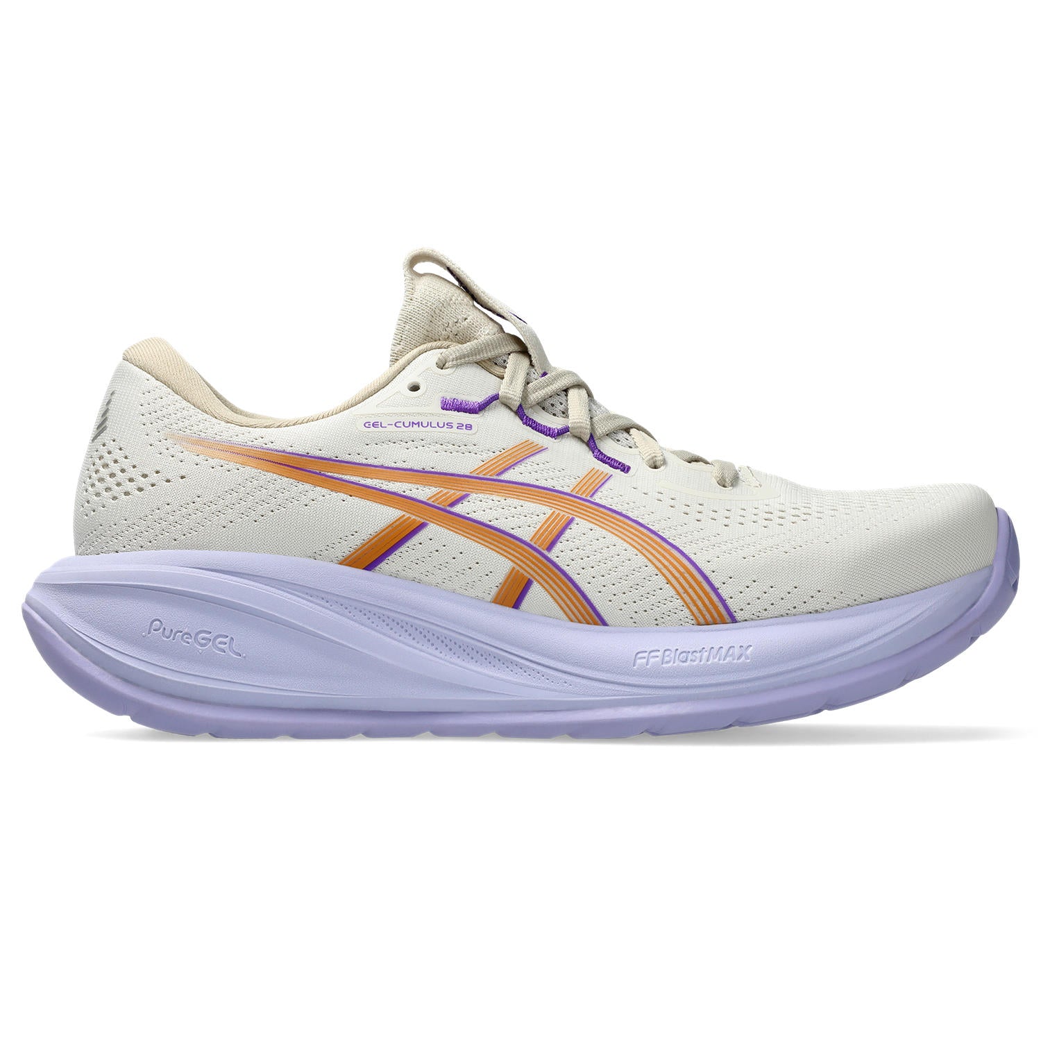 White running shoe with orange and purple accents on a white background