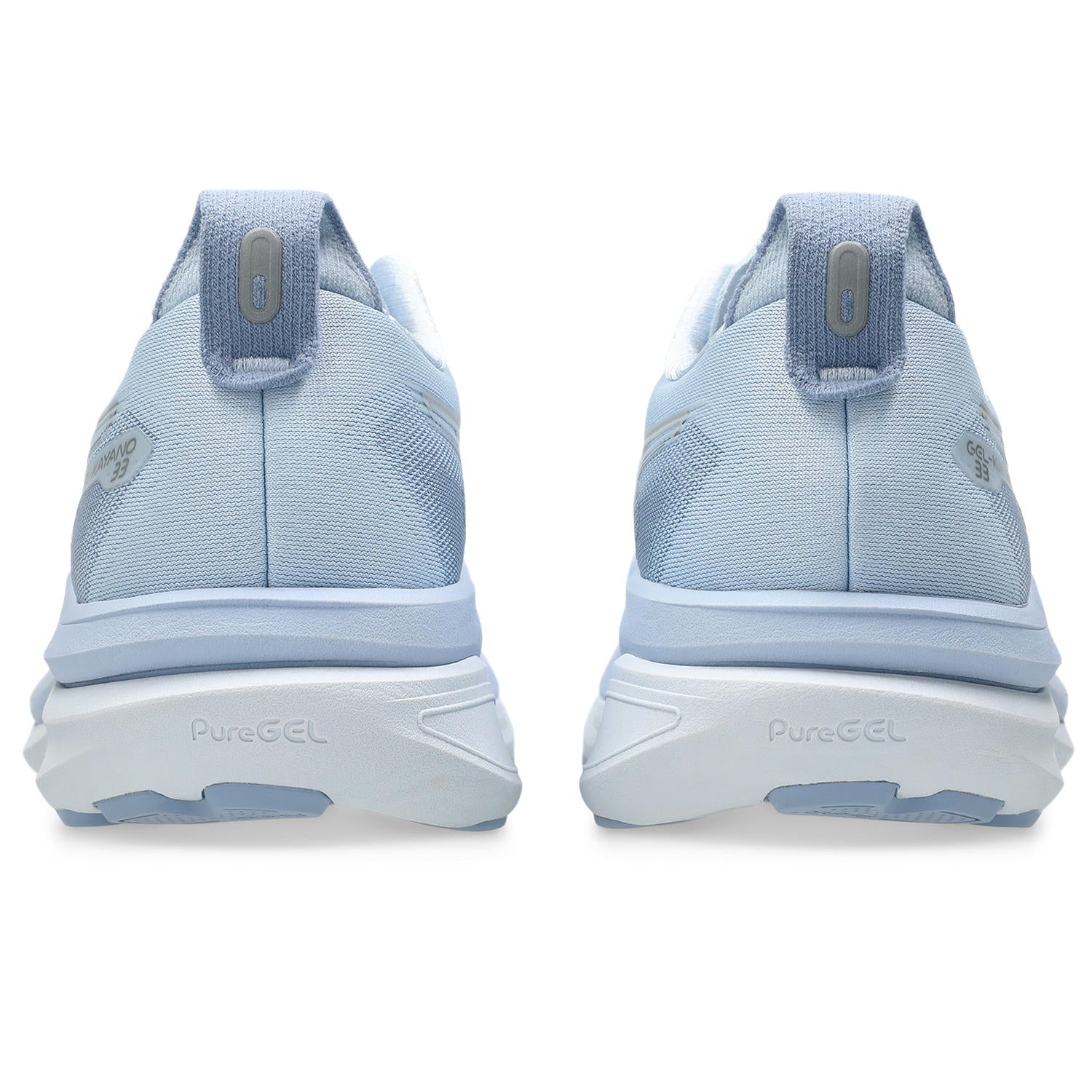 Light blue running shoes with 'PureGEL' branding on a white background
