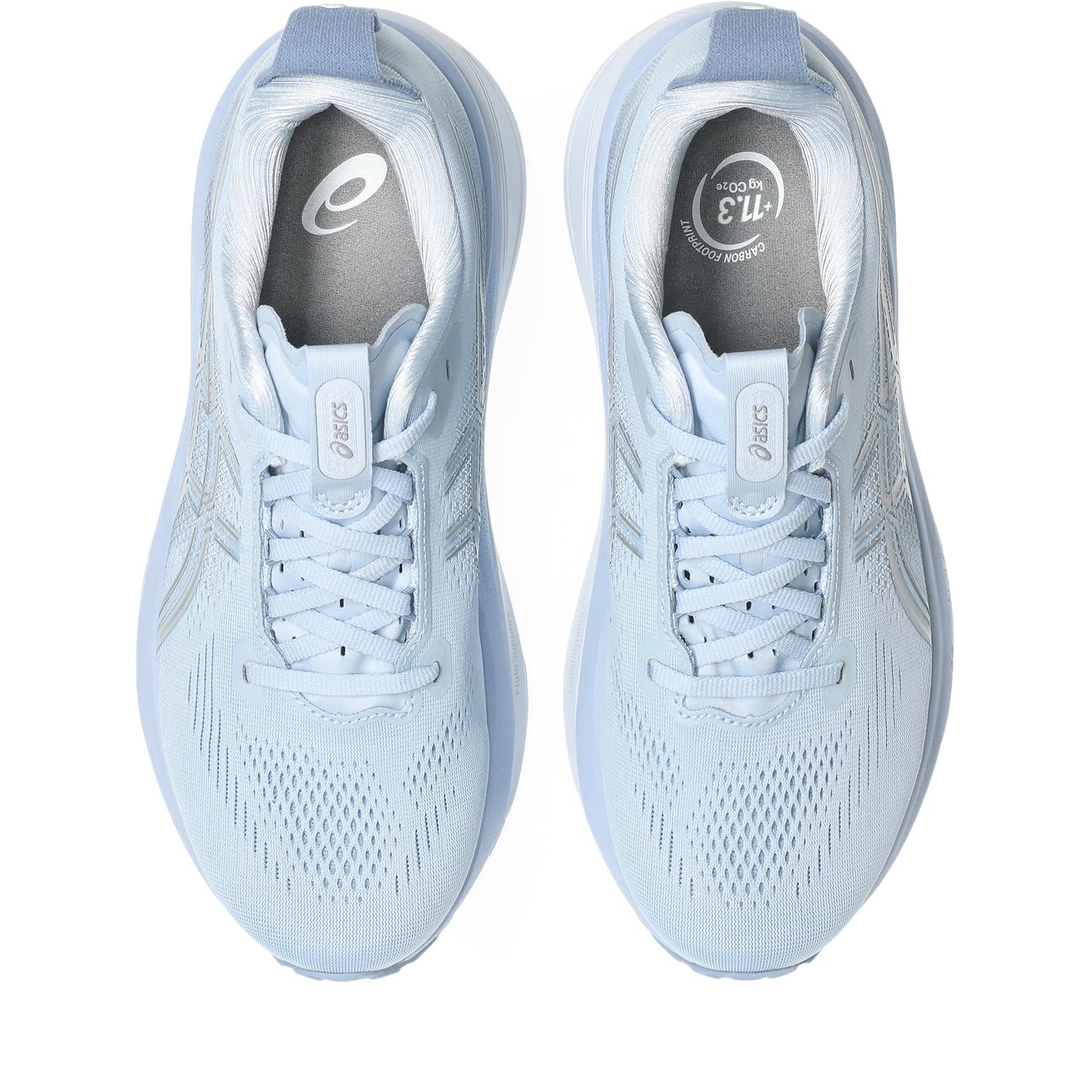 Light blue running shoes with white laces on a white background