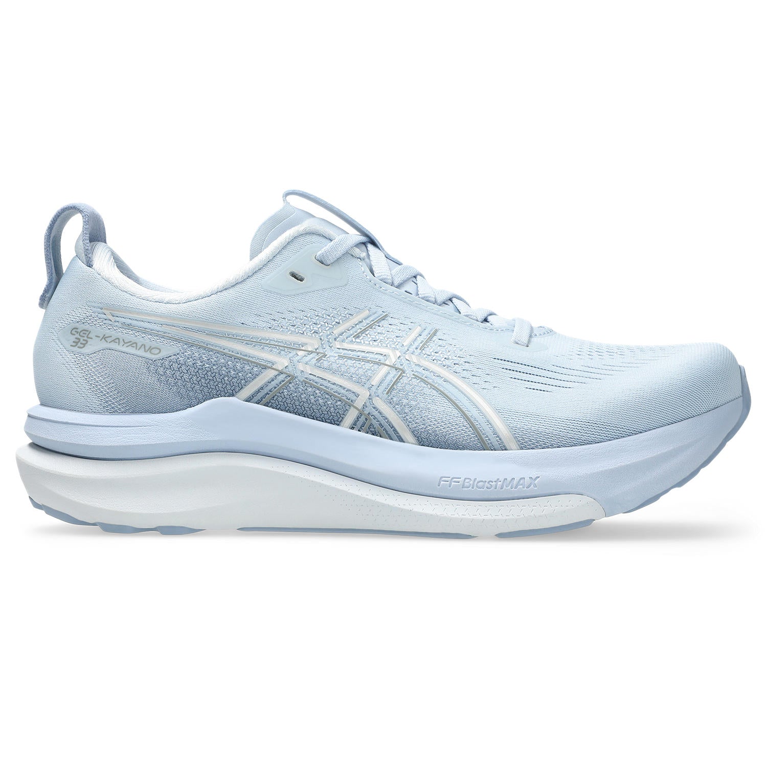 Light blue running shoe with white sole on a white background