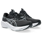 A pair of Asics running shoes in black and white, featuring the brand's signature stripe design on the side, black laces, and a white cushioned sole.