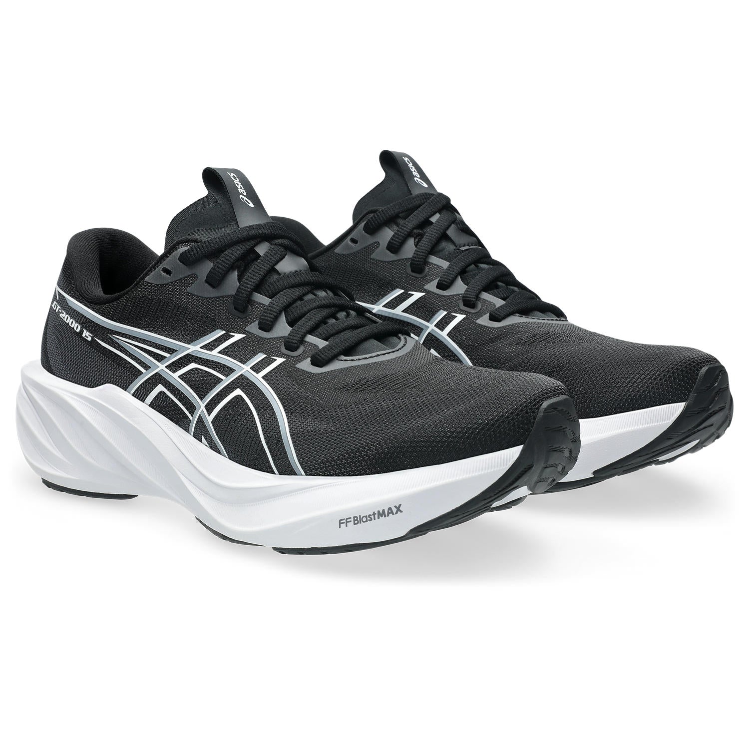 A pair of Asics running shoes in black and white, featuring the brand's signature stripe design on the side, black laces, and a white cushioned sole.