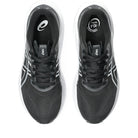 A pair of ASICS running shoes in black and white, shown from a top-down view on a solid white background.