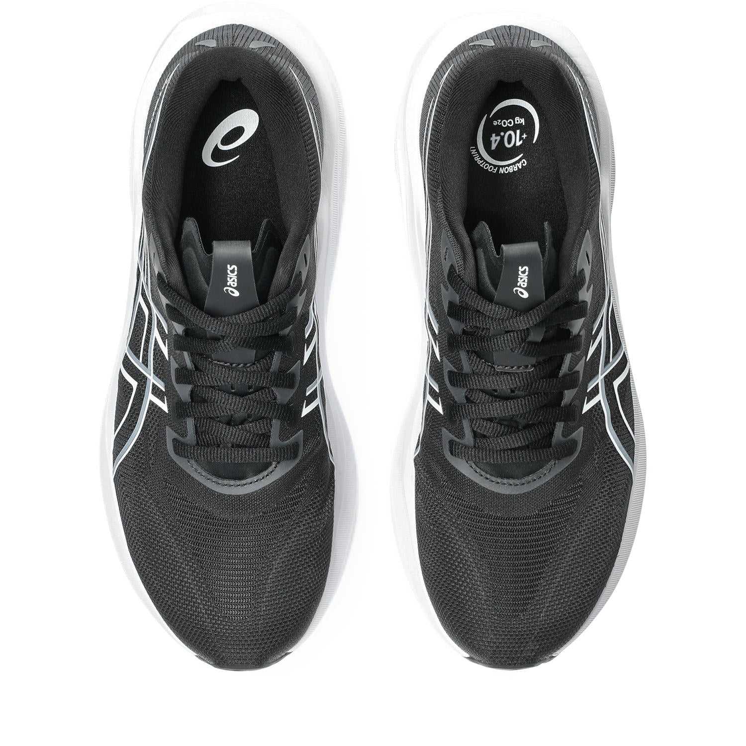 A pair of ASICS running shoes in black and white, shown from a top-down view on a solid white background.
