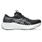 black running shoe with white sole on a white background