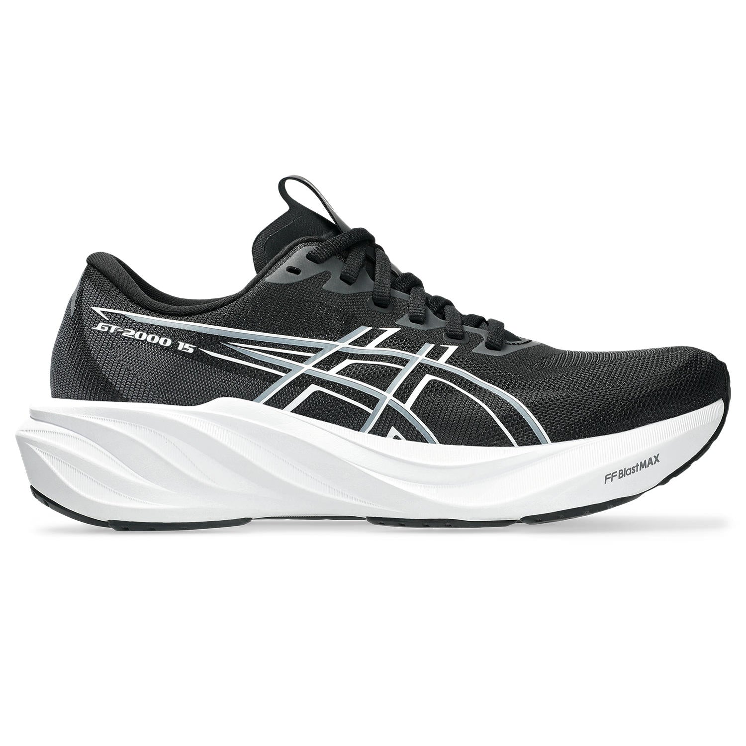 black running shoe with white sole on a white background